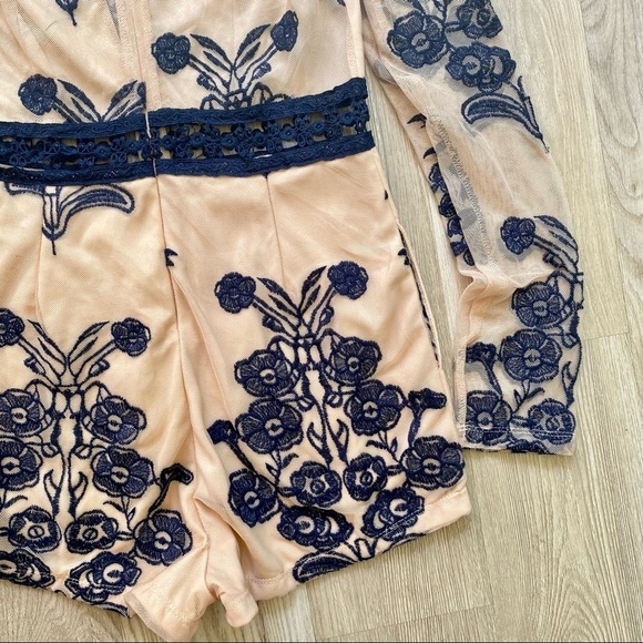 BANJUL Nude & Navy Blue Long Sleeve Romper Tattoo Lace Floral Mesh - Picture 8 of 10